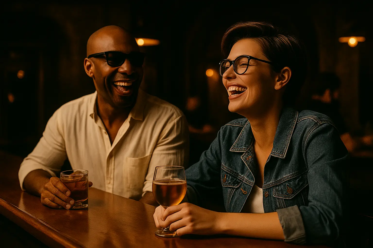 Casal se conhecendo em um bar noturno em Paris durante o ano 2000, rindo e bebendo juntos.