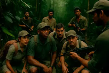 Sargentos brasileiros rendidos por bandidos armados no meio da selva tailandesa durante uma emboscada.
