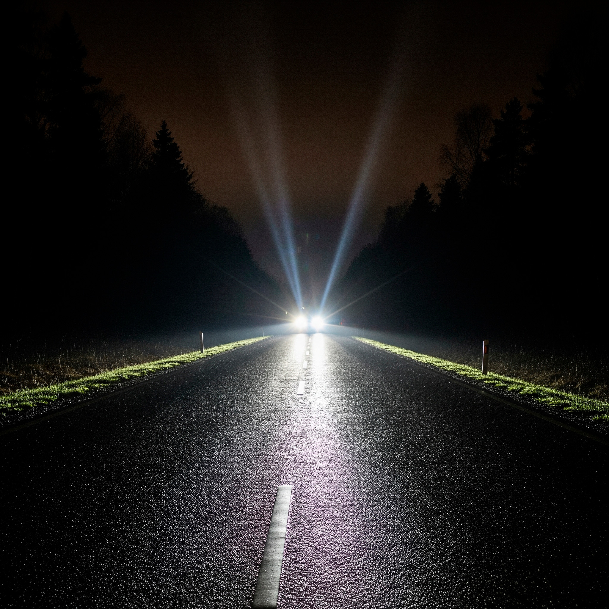 Estrada de asfalto escura e vazia à noite, iluminada por faróis de um carro que se aproxima ao longe, criando um facho de luz intenso no centro da imagem.