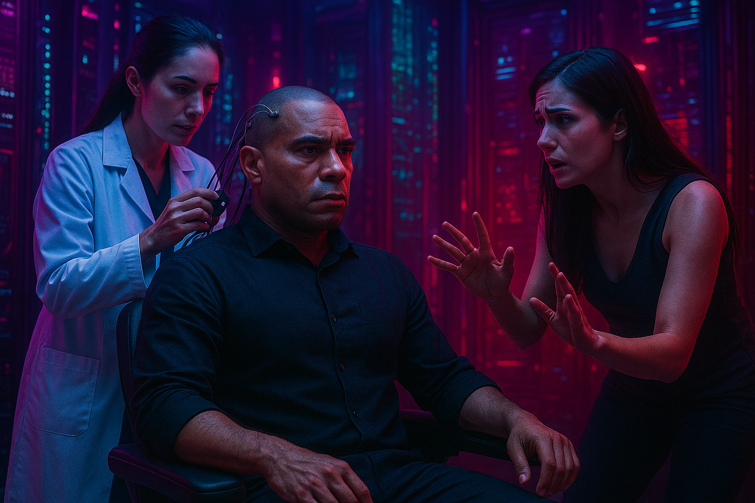 Homem sentado em uma cadeira de imersão enquanto uma assistente de jaleco aplica um dispositivo neural em sua cabeça, e uma segunda mulher o observa com apreensão em um ambiente cyberpunk.