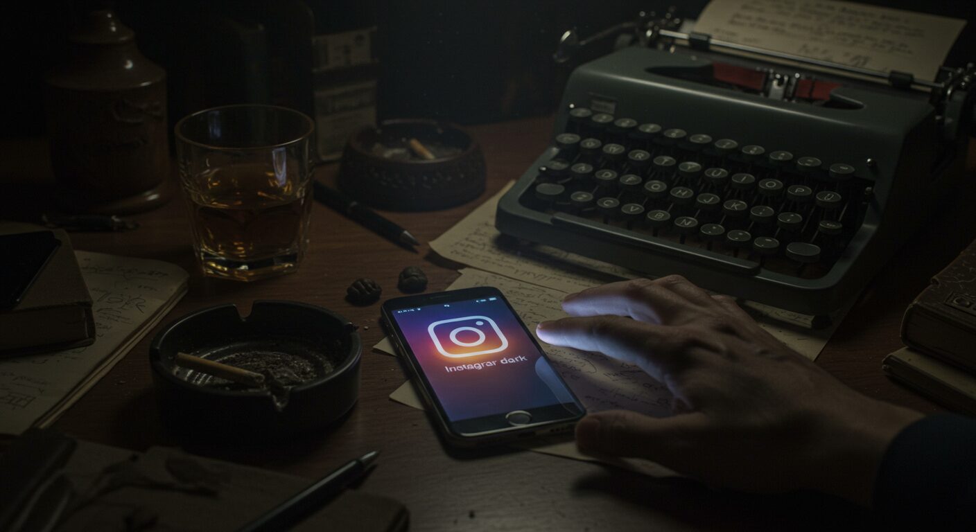 Mão de um escritor em uma escrivaninha vintage, hesitando sobre um smartphone com o texto "Instagram dark", simbolizando a relutância em usar a rede social.