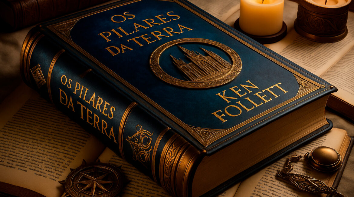 Livro "Os Pilares da Terra" de Ken Follett, com capa de couro azul e detalhes dourados, sobre uma mesa antiga à luz de velas, evocando um clima medieval.